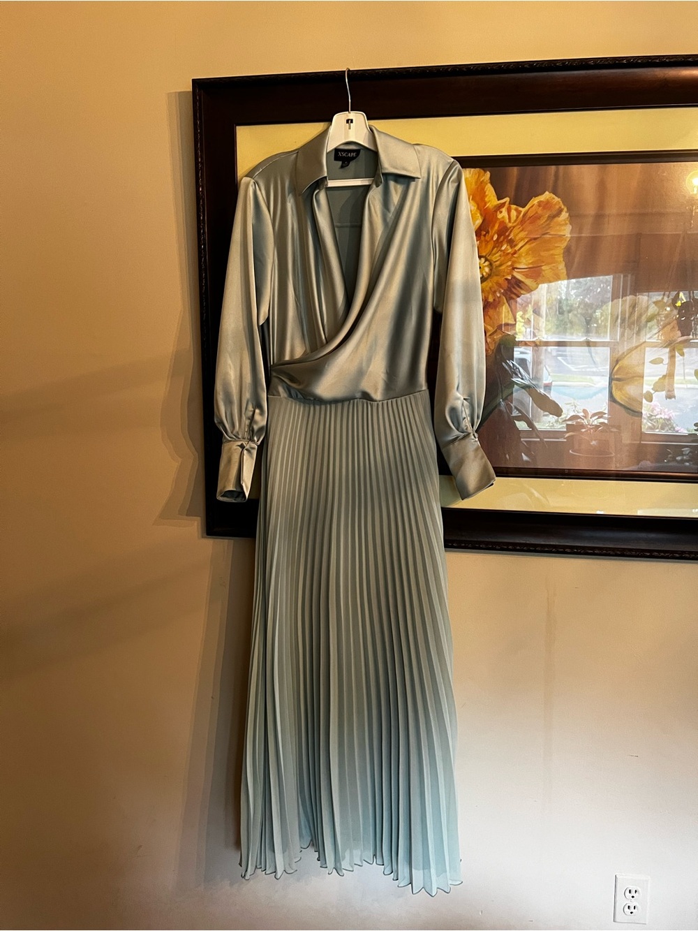 Xscape Satin Wrap Pleated Maxi Dress in Sage